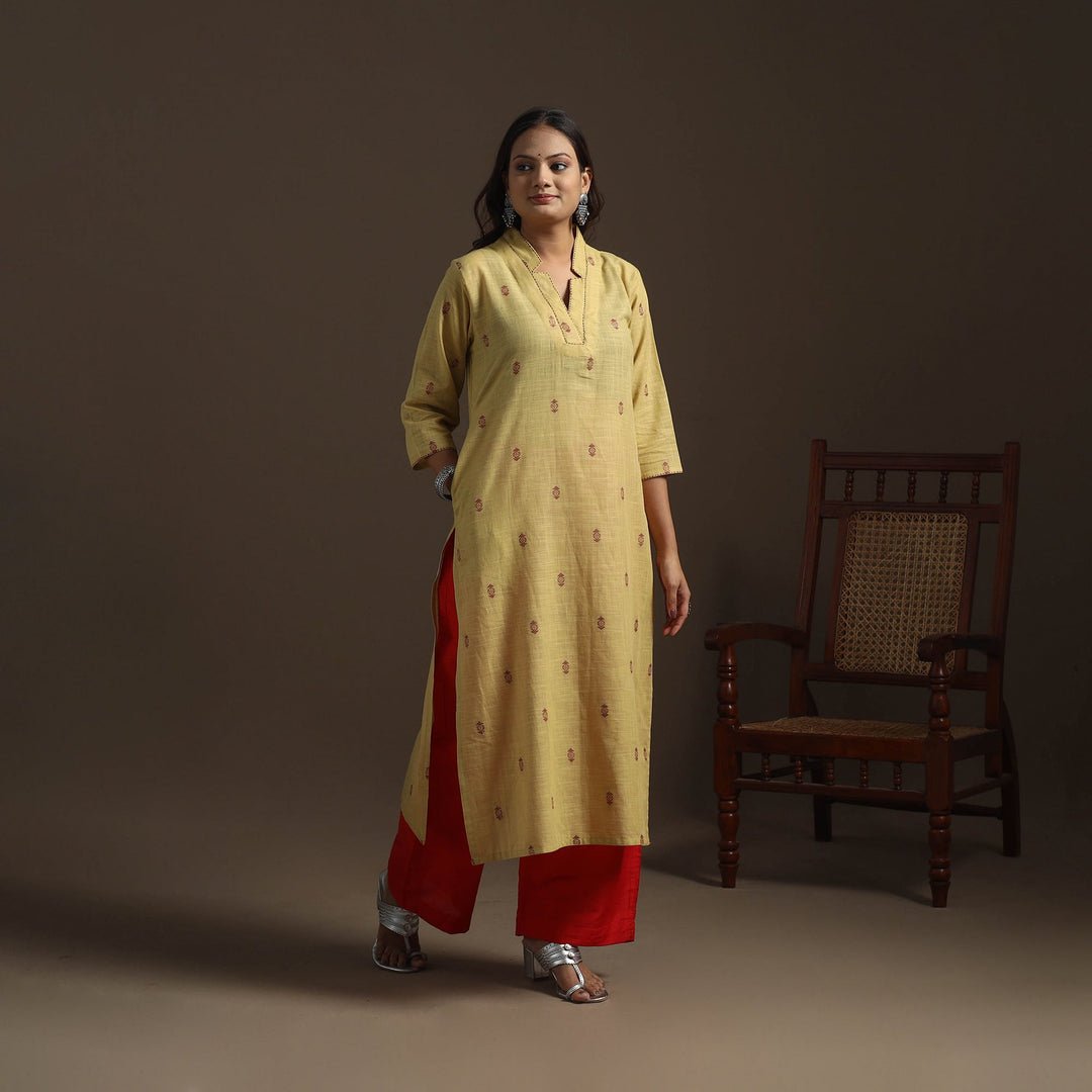 Yellow - Straight Cotton Hand Embroidered Jacquard Kurta For Women 07