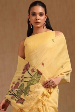 Yellow Chanderi Floral Print Saree With Zari Woven