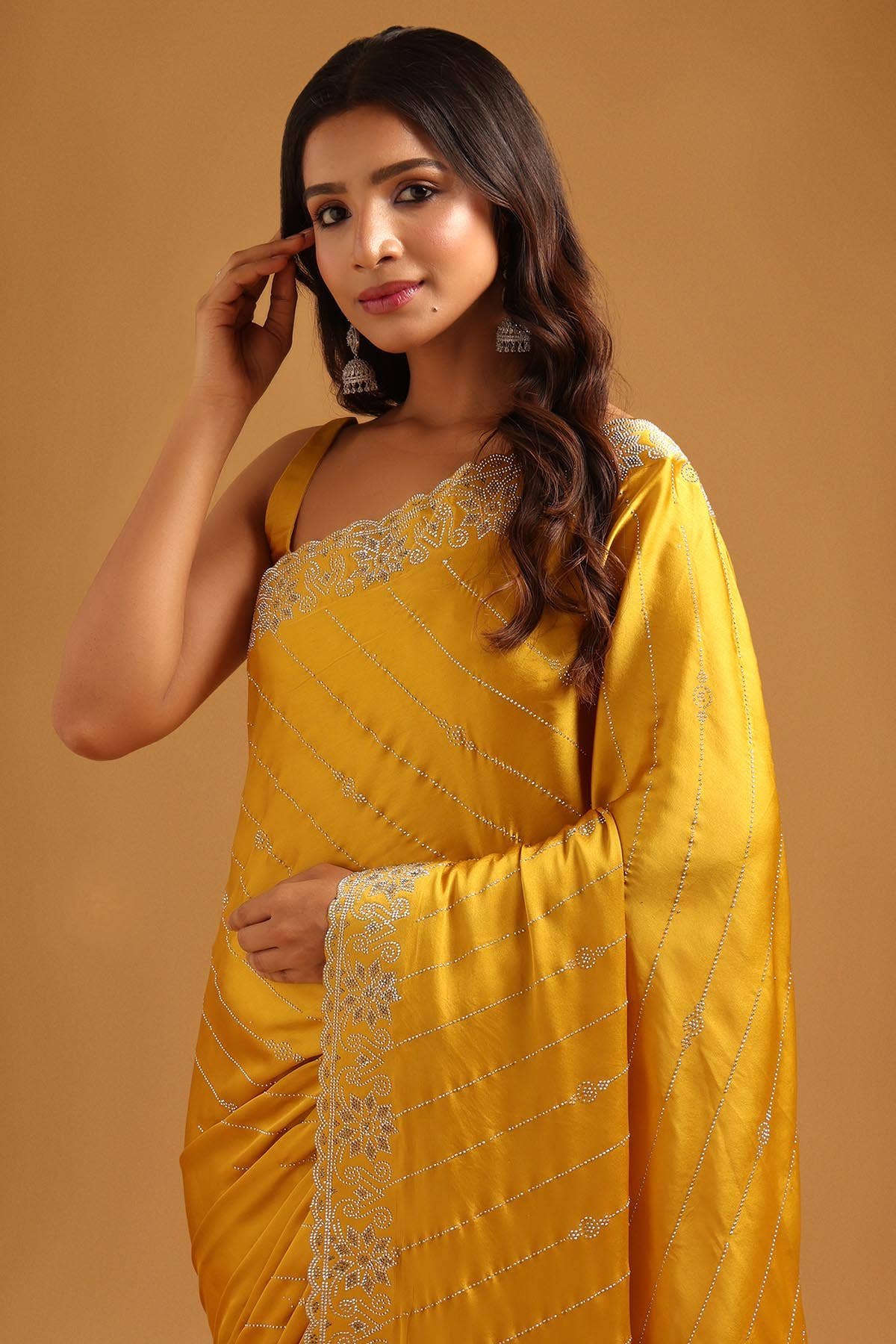Yellow Satin Solid Stone Work Embellished Saree
