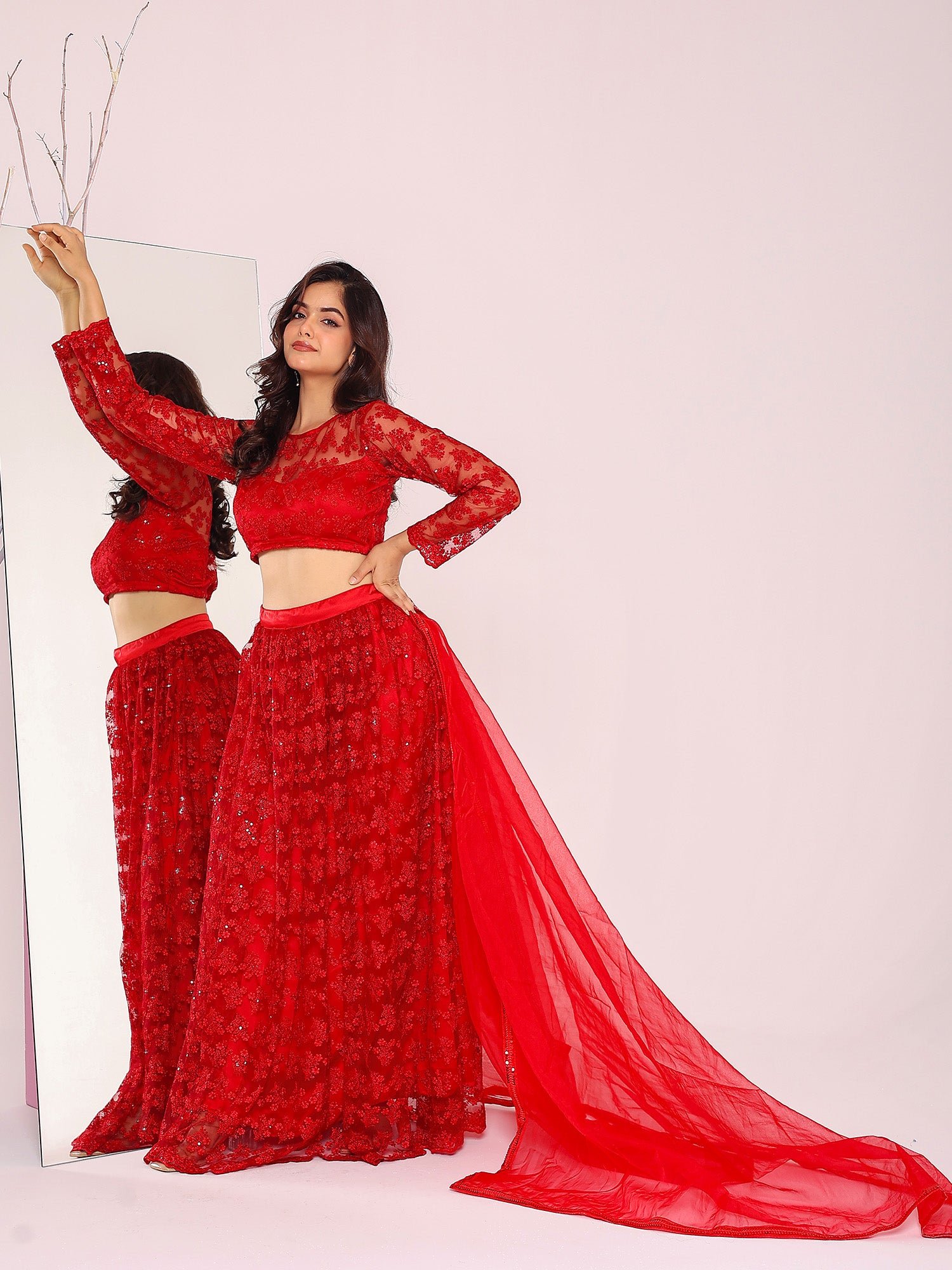 Women'S Red Net Embroidered Lehenga Set