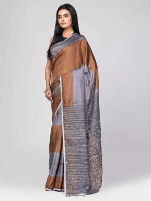 Slate Grey/coffee Tie-Dyed And Embroidered Silk Saree