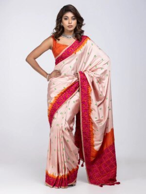 Light Pink Printed And Nakshi Kantha Embroidered Silk Saree