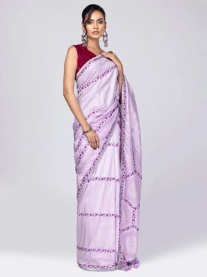 Pale Lavender Printed And Nakshi Kantha Embroidered Silk Saree by Aarong, South Asian ethnic wear