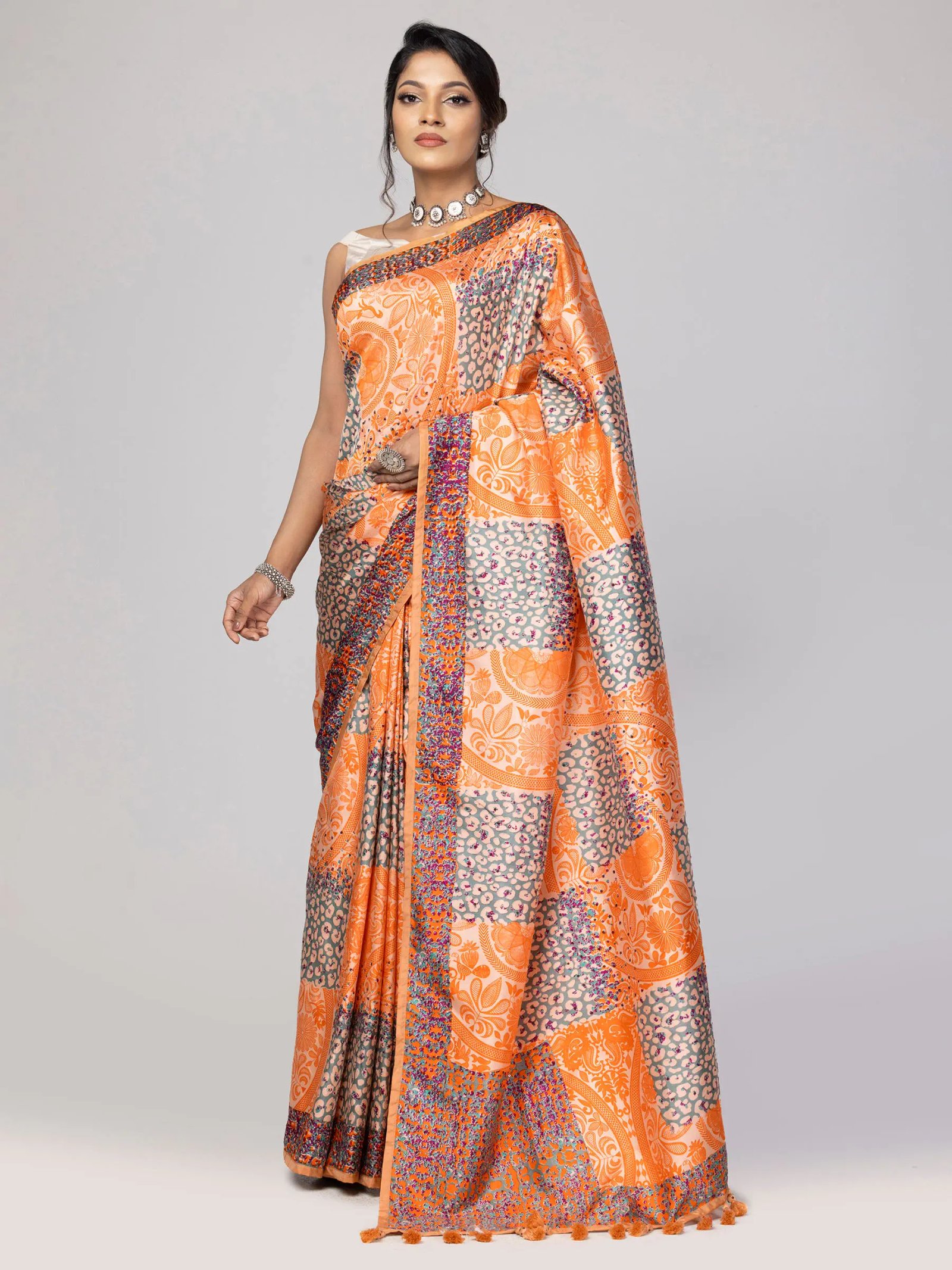 Peach Printed Silk Saree