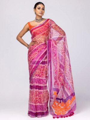 Peach Appliqued And Embroidered Muslin Saree
