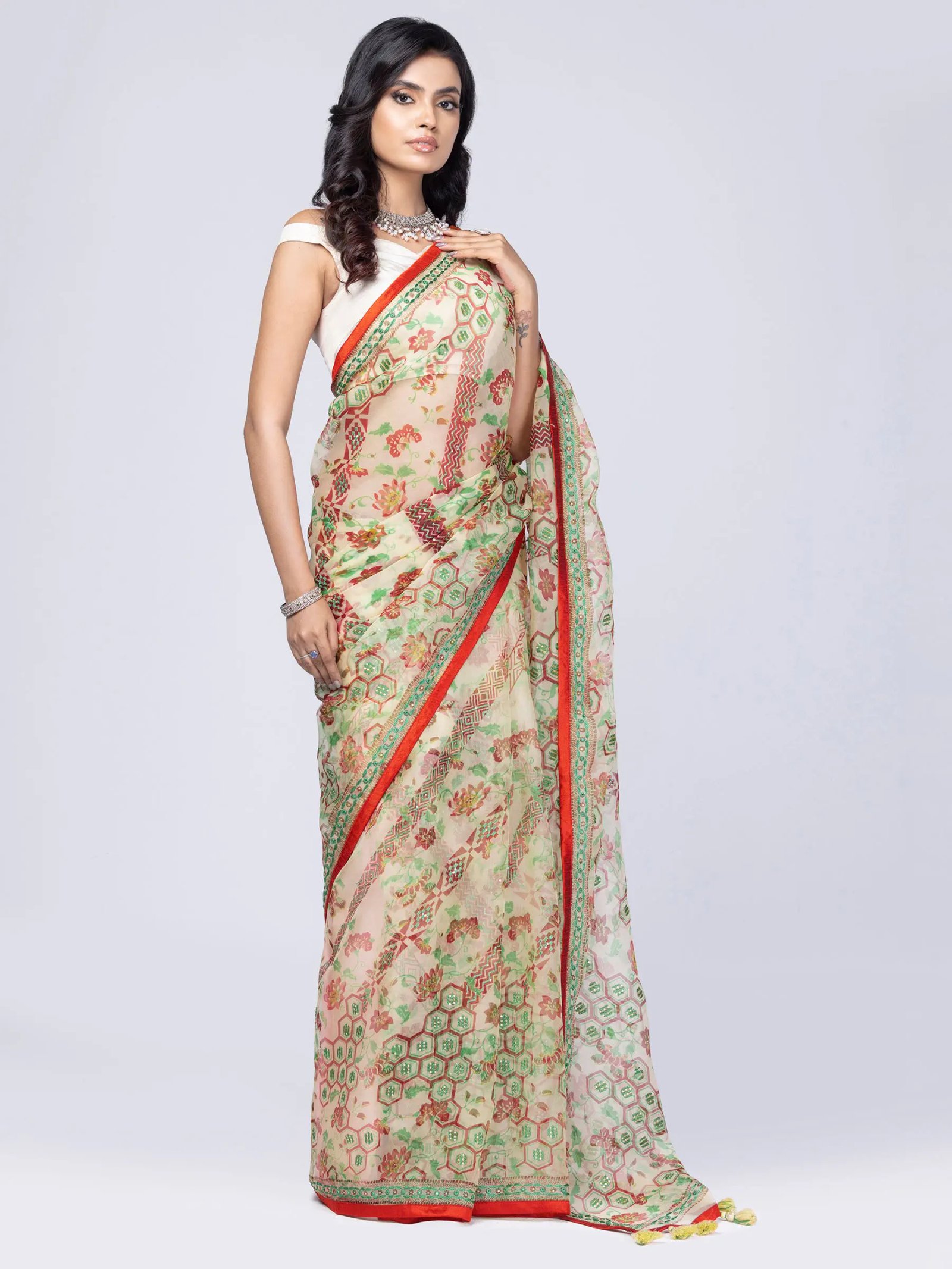 Beige Printed And Embroidered Muslin Saree