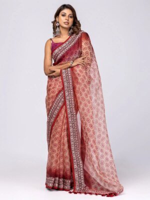Peach Printed And Embroidered Muslin Saree