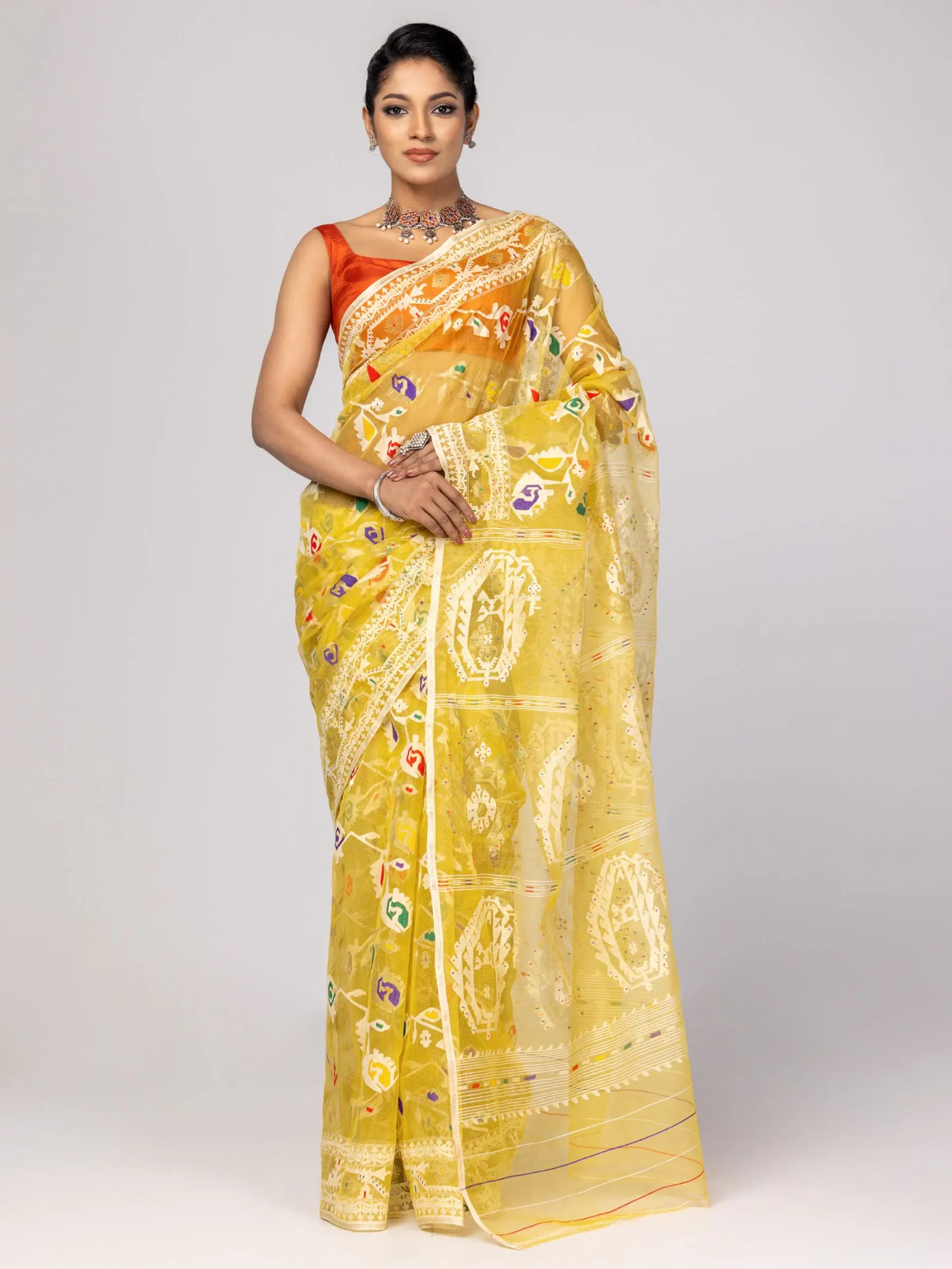 Yellow Half Silk Jamdani Saree