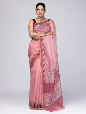 Pink Printed And Embroidered Muslin Saree