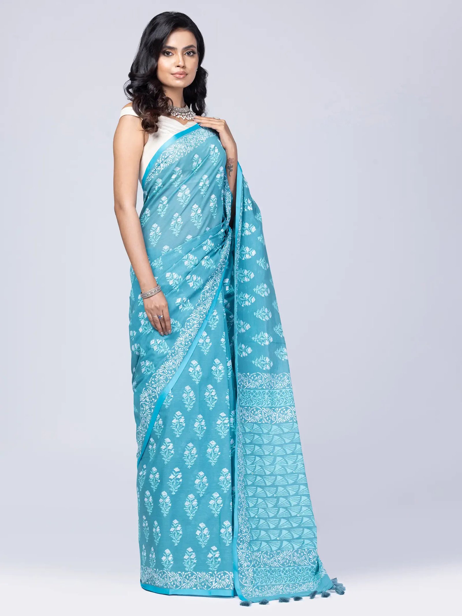 Slate Blue Printed Cotton Saree