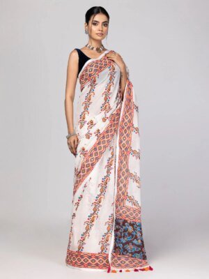 Off White Printed And Embroidered Cotton Saree