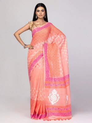 Dark Peach Appliqued And Embroidered Cotton Saree