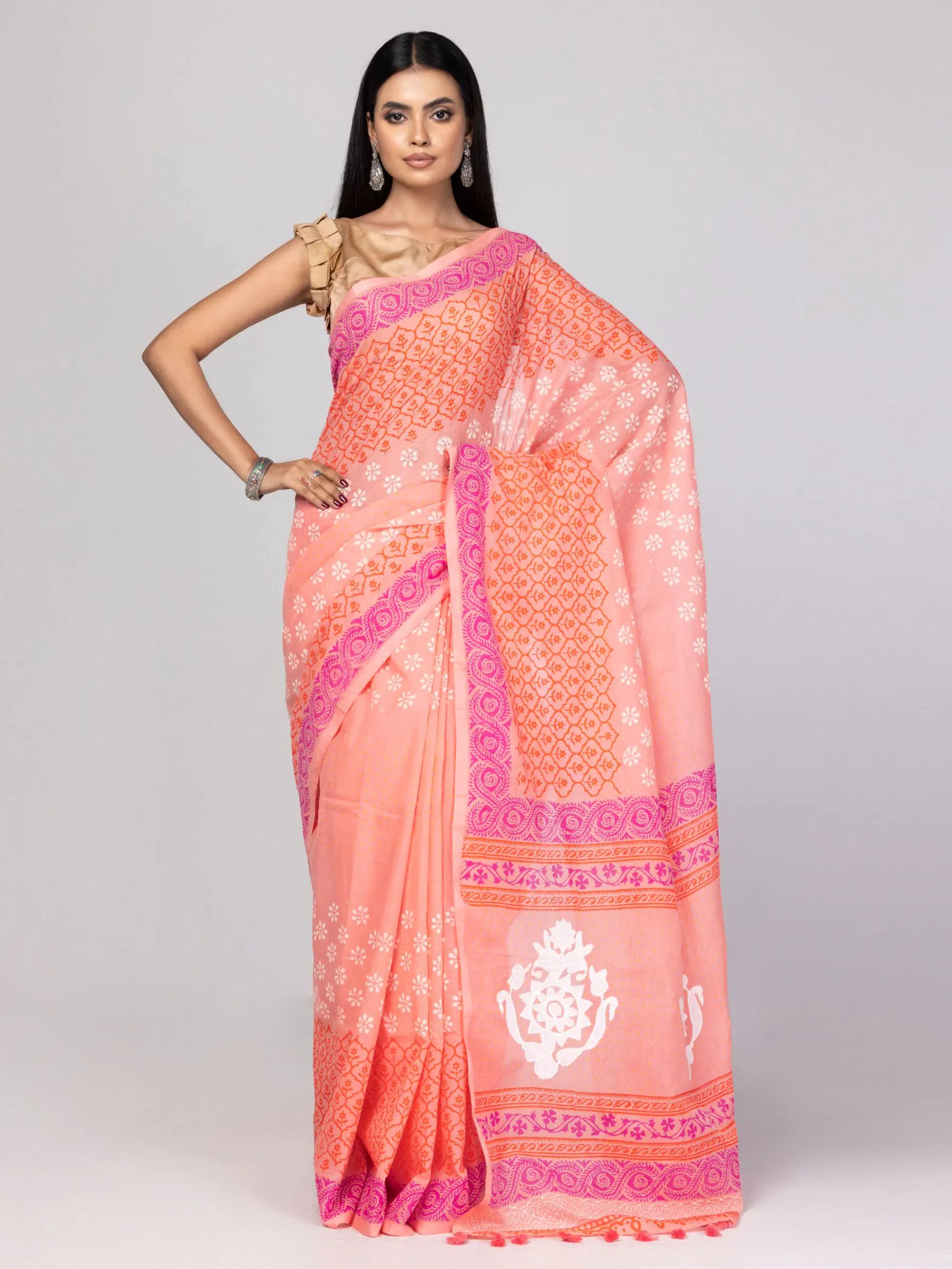 Dark Peach Appliqued And Embroidered Cotton Saree