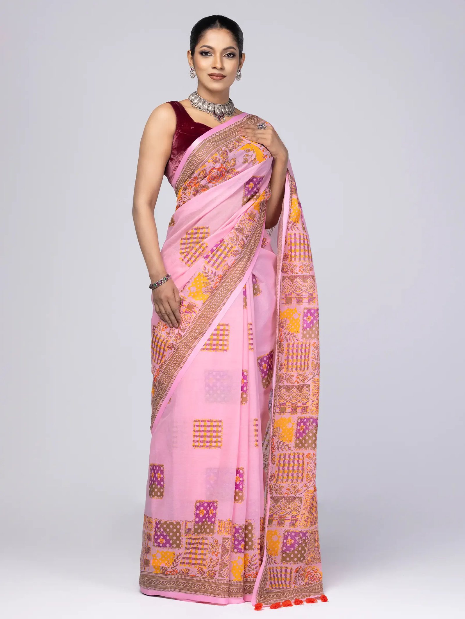 Light Pink Printed And Embroidered Cotton Saree