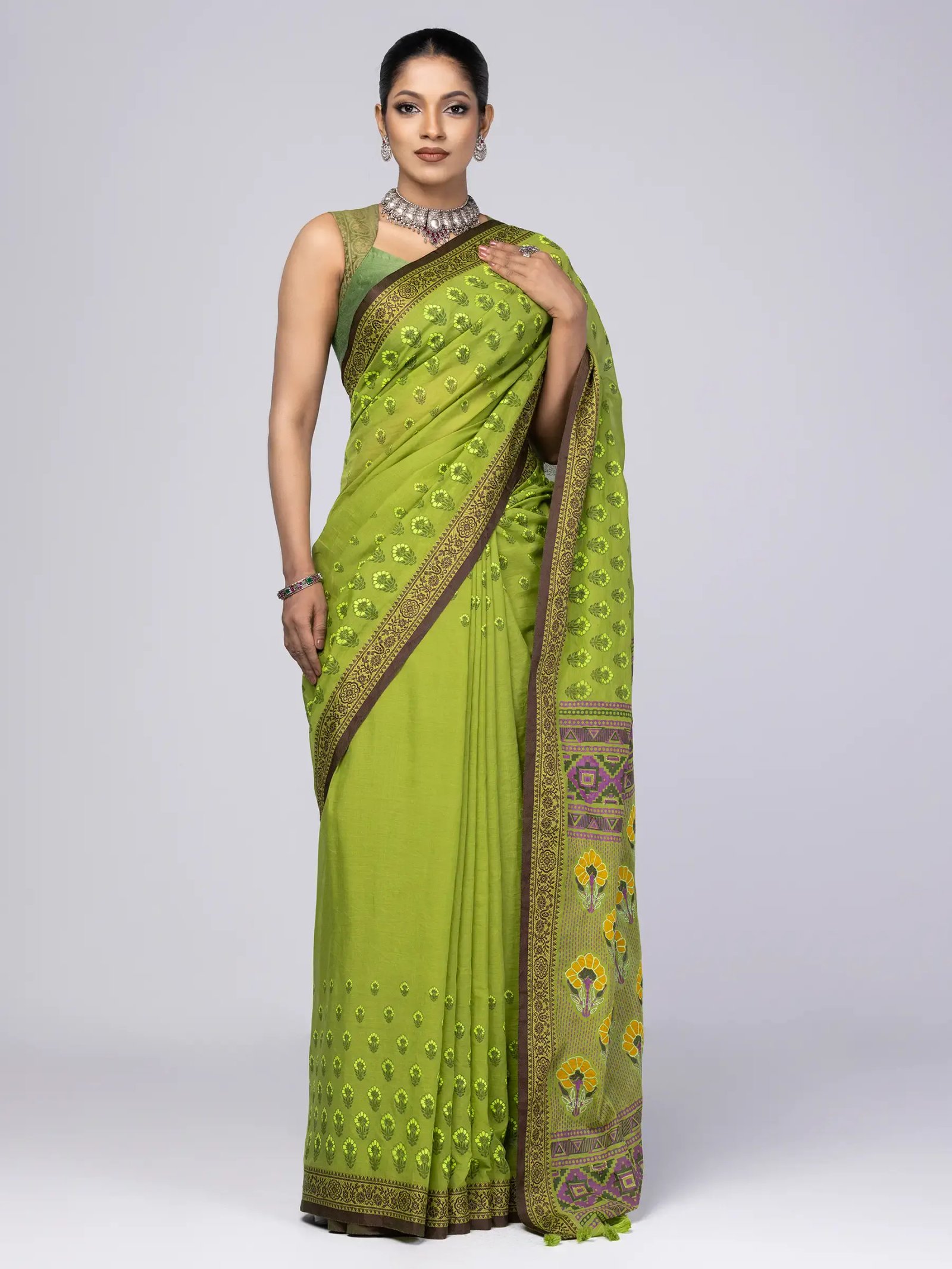 Green Appliqued And Printed Cotton Saree