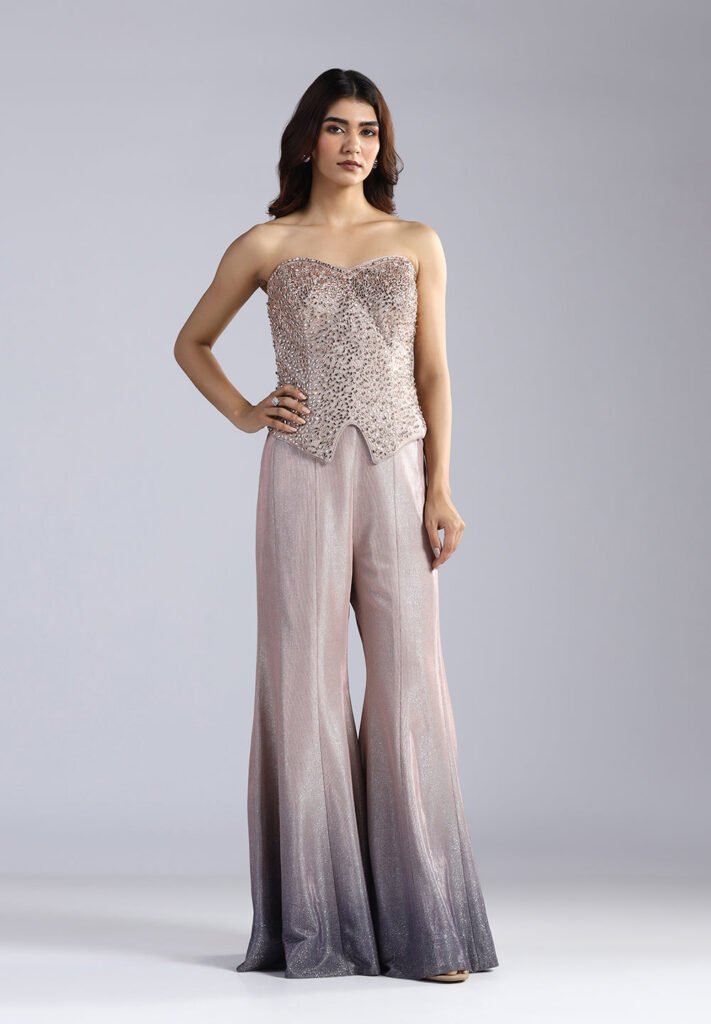Hand-Beaded Corset & Ombré Shimmer Flared Trousers by Bombay Selections, South Asian ethnic wear