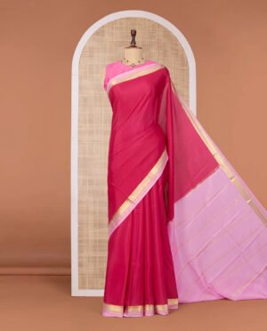 Dark Pink Plain Mysore Silk Saree, Complemented By A Contrast Traditional Zari Design Border, Zari Striped Pallu, And Paired With A Contrast Blouse by Pothys, South Asian ethnic wear