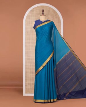 Peacock Blue Plain Mysore Silk Saree, Complemented By A Contrast Traditional Zari Design Border, Zari Striped Pallu, And Paired With A Contrast Blouse by Pothys, South Asian ethnic wear