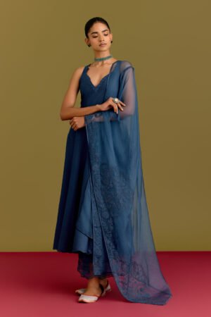 Blue Cotton Silk Satin Anarkali Set by Devnaagri, South Asian ethnic wear