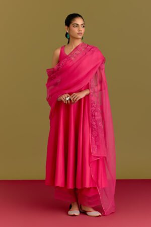 Fuchsia Cotton Silk Satin Anarkali Set by Devnaagri, South Asian ethnic wear