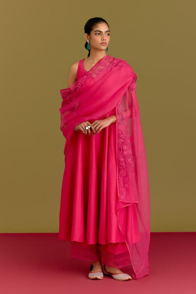 Fuchsia Cotton Silk Satin Anarkali Set by Devnaagri, South Asian ethnic wear