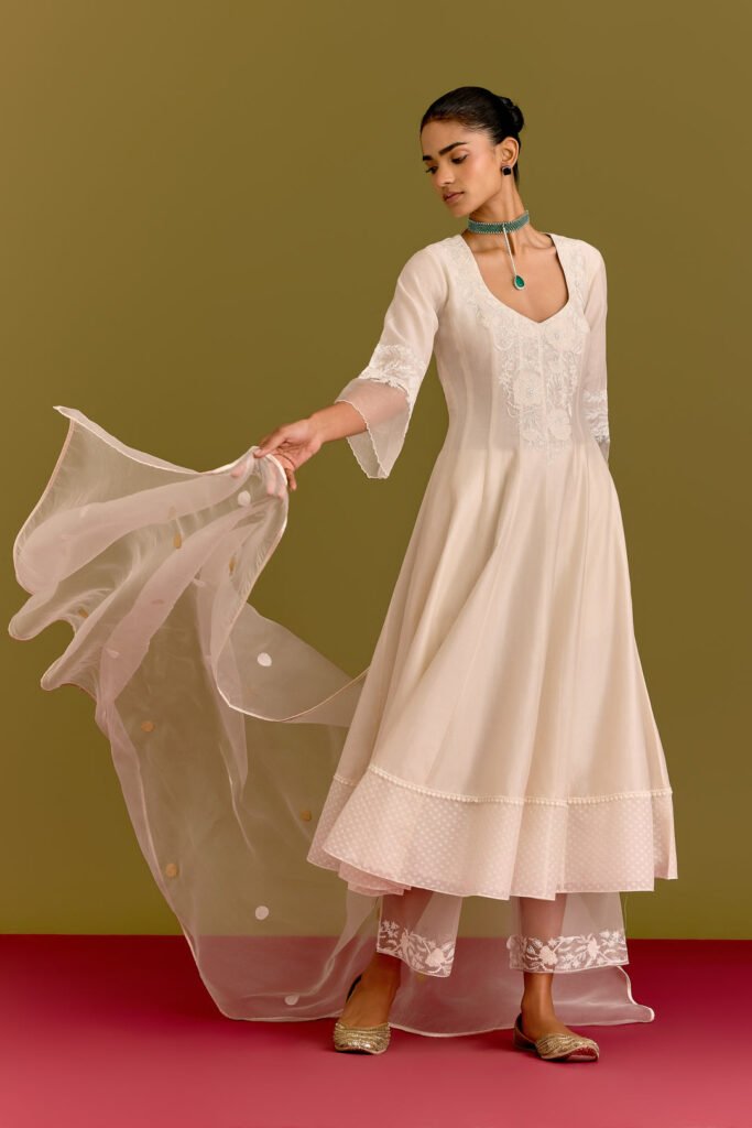 Ivory Silk Chanderi Anarkali Set by Devnaagri, South Asian ethnic wear
