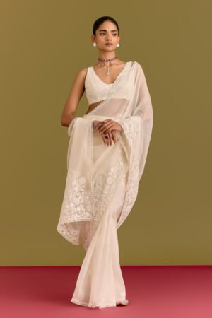Ivory Embroidered Saree Set by Devnaagri, South Asian ethnic wear