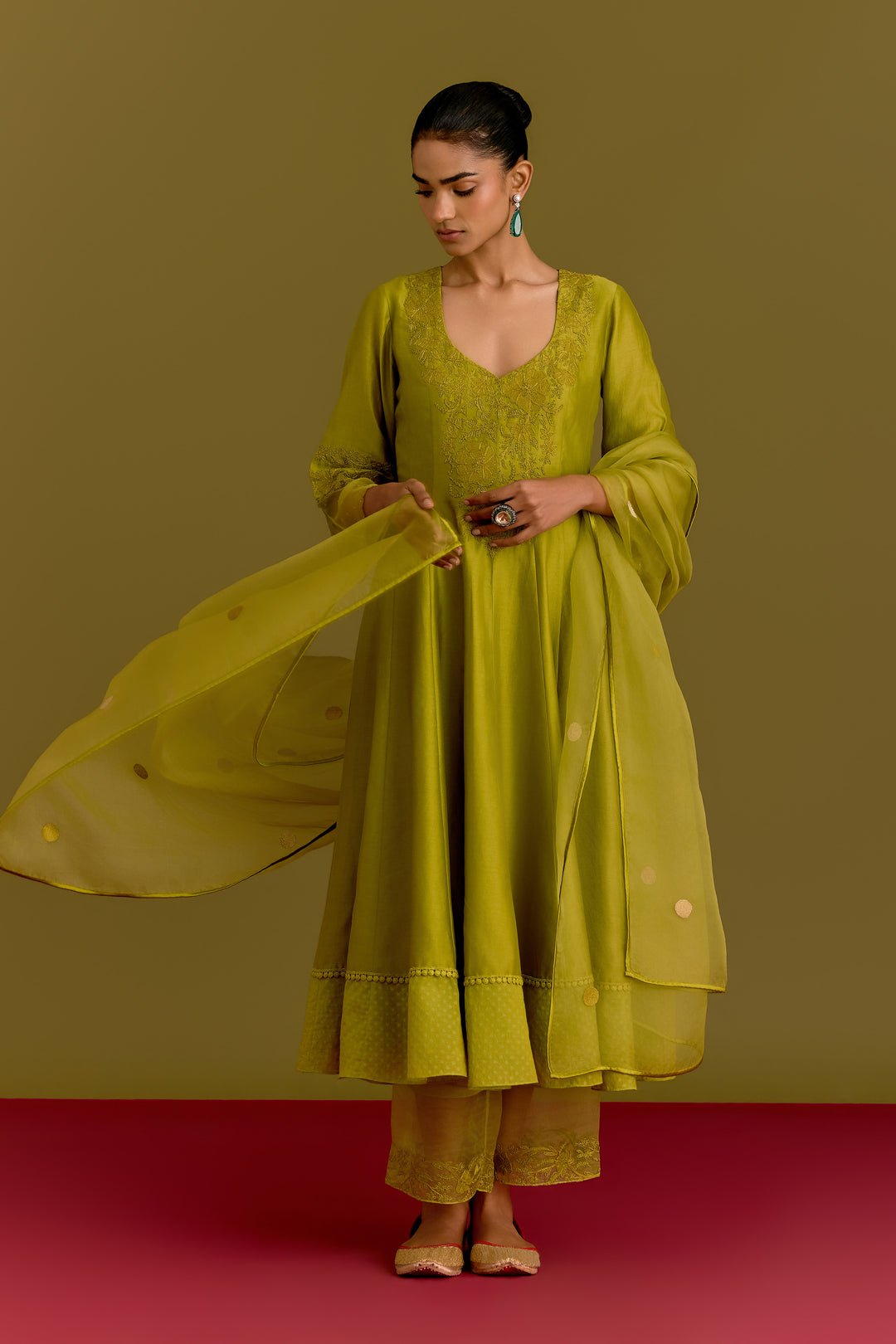 Green Silk Chanderi Anarkali Set by Devnaagri, South Asian ethnic wear