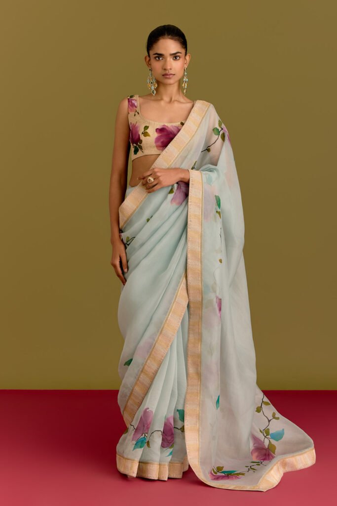 Blue Handpaint Saree Set by Devnaagri, South Asian ethnic wear