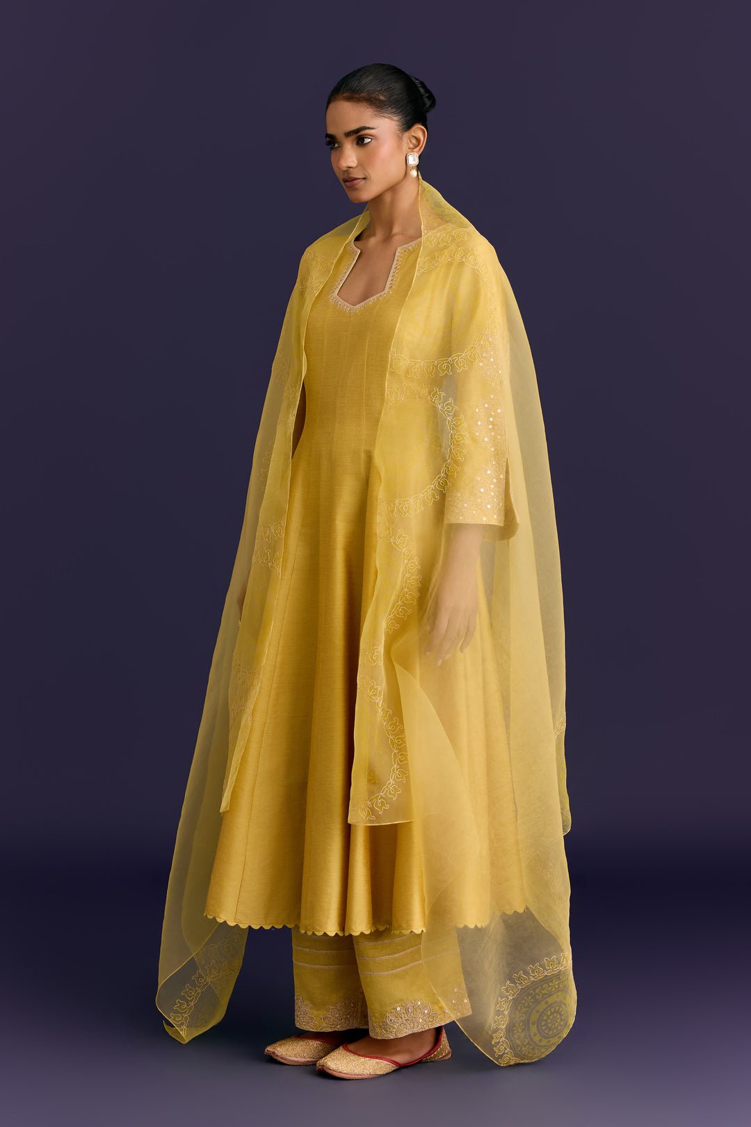 Yellow Cotton Silk Blend Embroidered Anarkali Set by Devnaagri, South Asian ethnic wear