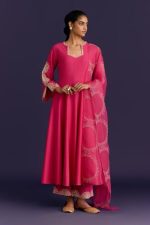 Fuchsia Cotton Silk Blend Embroidered Anarkali Set by Devnaagri, South Asian ethnic wear