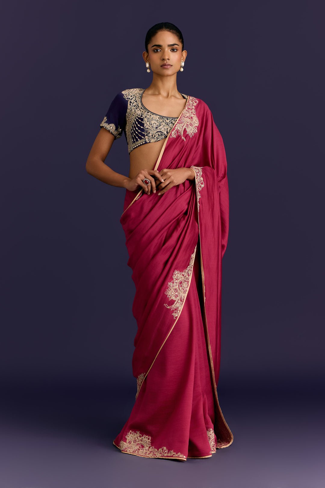Fuchsia/navy Embroidered Chinniya Silk Saree Set by Devnaagri, South Asian ethnic wear