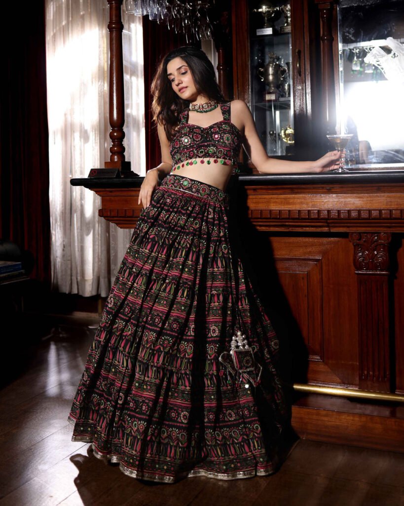 Mighty Black Mirror Work Printed Chanderi Lehenga Set by Aachho, South Asian ethnic wear
