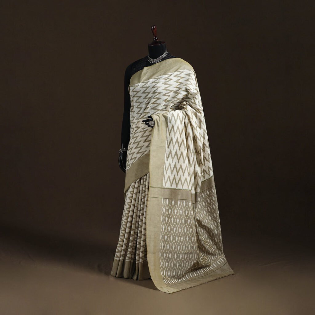 Beige – Pochampally Ikat Weave Mercerised Cotton Saree 11 by itokri, South Asian ethnic wear