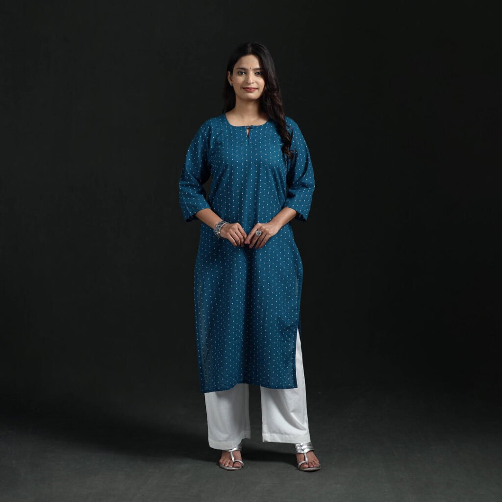 Blue – Jacquard Cotton Straight Long Kurta For Women 10 by itokri, South Asian ethnic wear