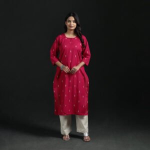 Pink – Jacquard Cotton Straight Long Kurta For Women 07 by itokri, South Asian ethnic wear