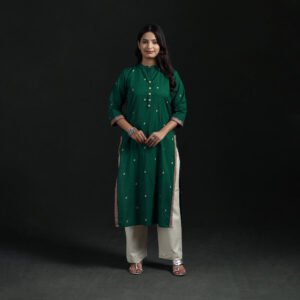 Green – Jacquard Cotton Straight Long Kurta For Women 13 by itokri, South Asian ethnic wear