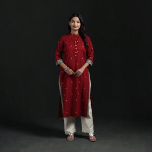 Red - Jacquard Cotton Straight Long Kurta For Women 12