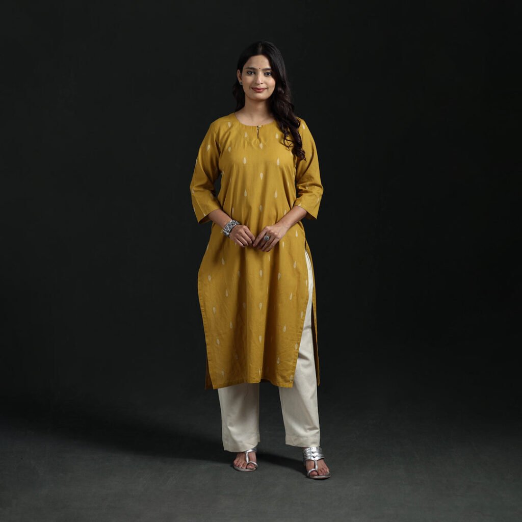 Yellow – Jacquard Cotton Straight Long Kurta For Women 09 by itokri, South Asian ethnic wear