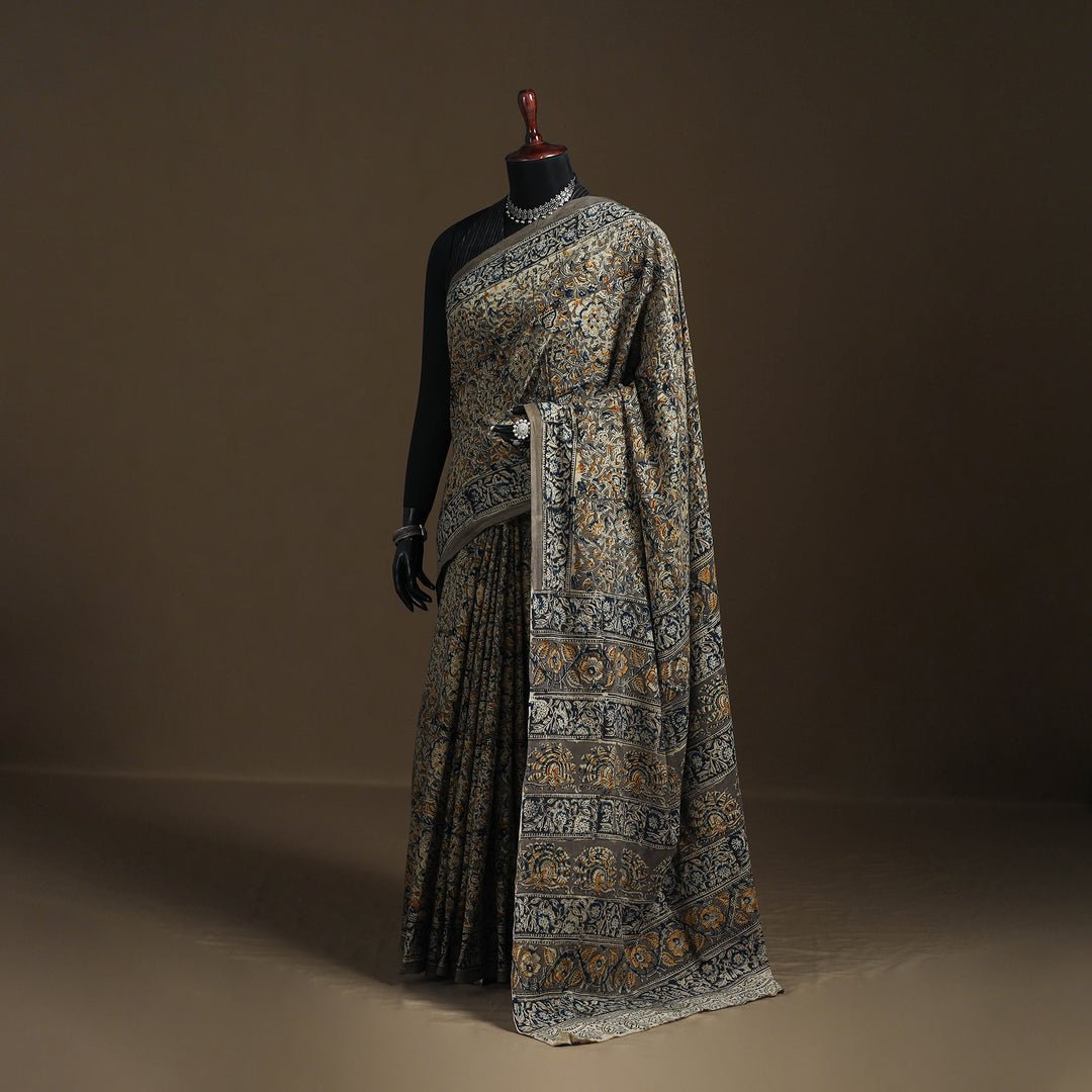 Green - Pedana Hand Block Print Natural Dyed Cotton Kalamkari Saree 07