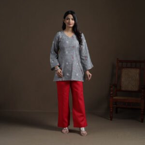 Grey – Cotton Short Jacquard Kurta For Women 11 by itokri, South Asian ethnic wear