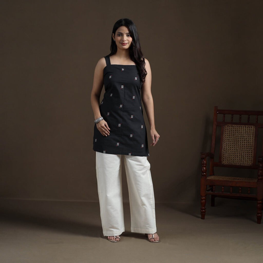 Black – Cotton Short Jacquard Kurta For Women 07 by itokri, South Asian ethnic wear