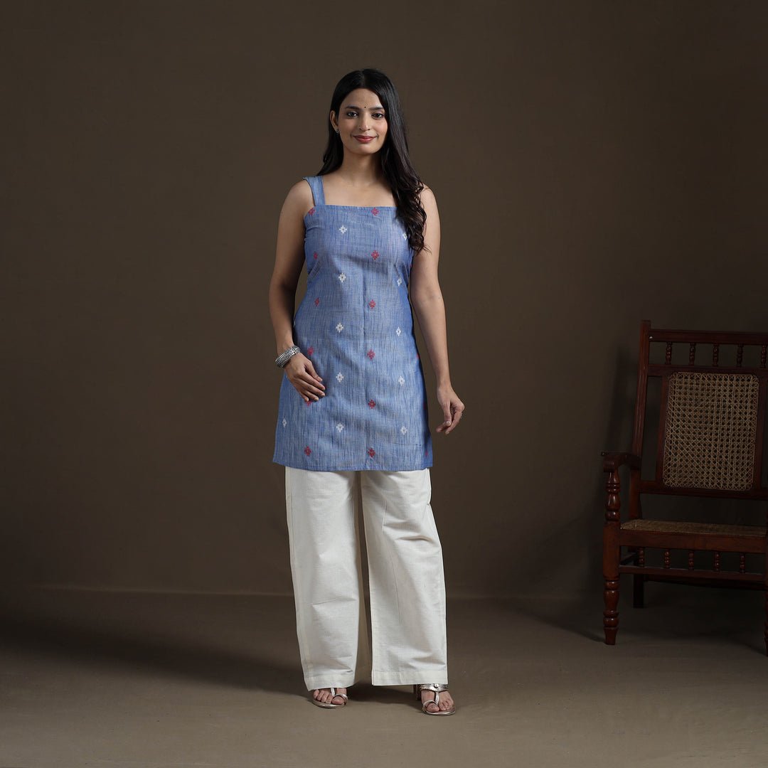 Blue – Cotton Short Jacquard Kurta For Women 06 by itokri, South Asian ethnic wear