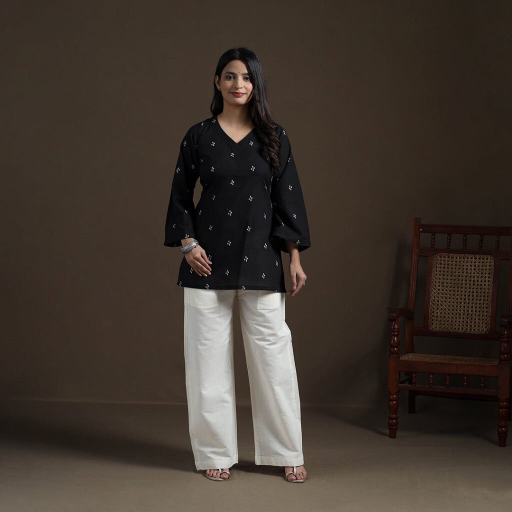 Black – Cotton Short Jacquard Kurta For Women 12 by itokri, South Asian ethnic wear