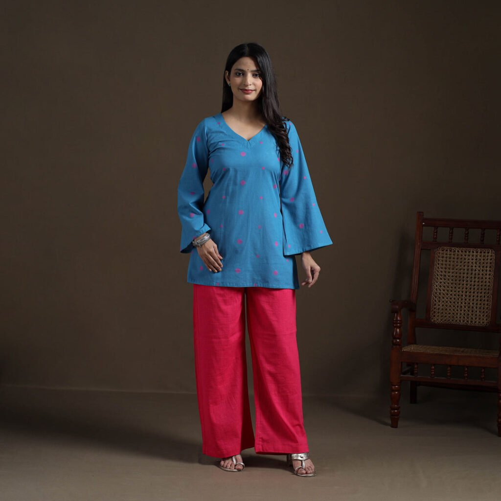 Blue – Cotton Short Jacquard Kurta For Women 13 by itokri, South Asian ethnic wear