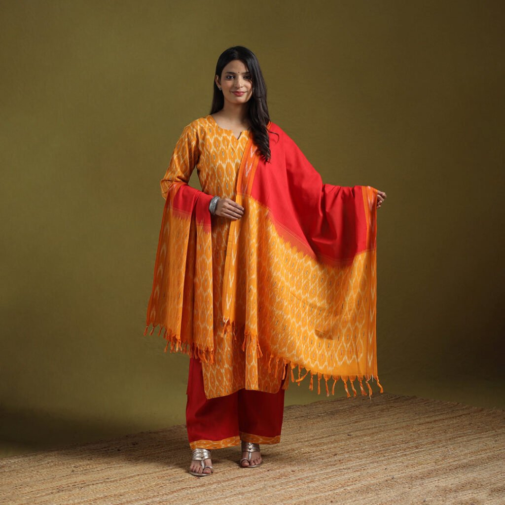 Pochampally Ikat Cotton Suit Set With Dupatta For Women 16 by itokri, South Asian ethnic wear