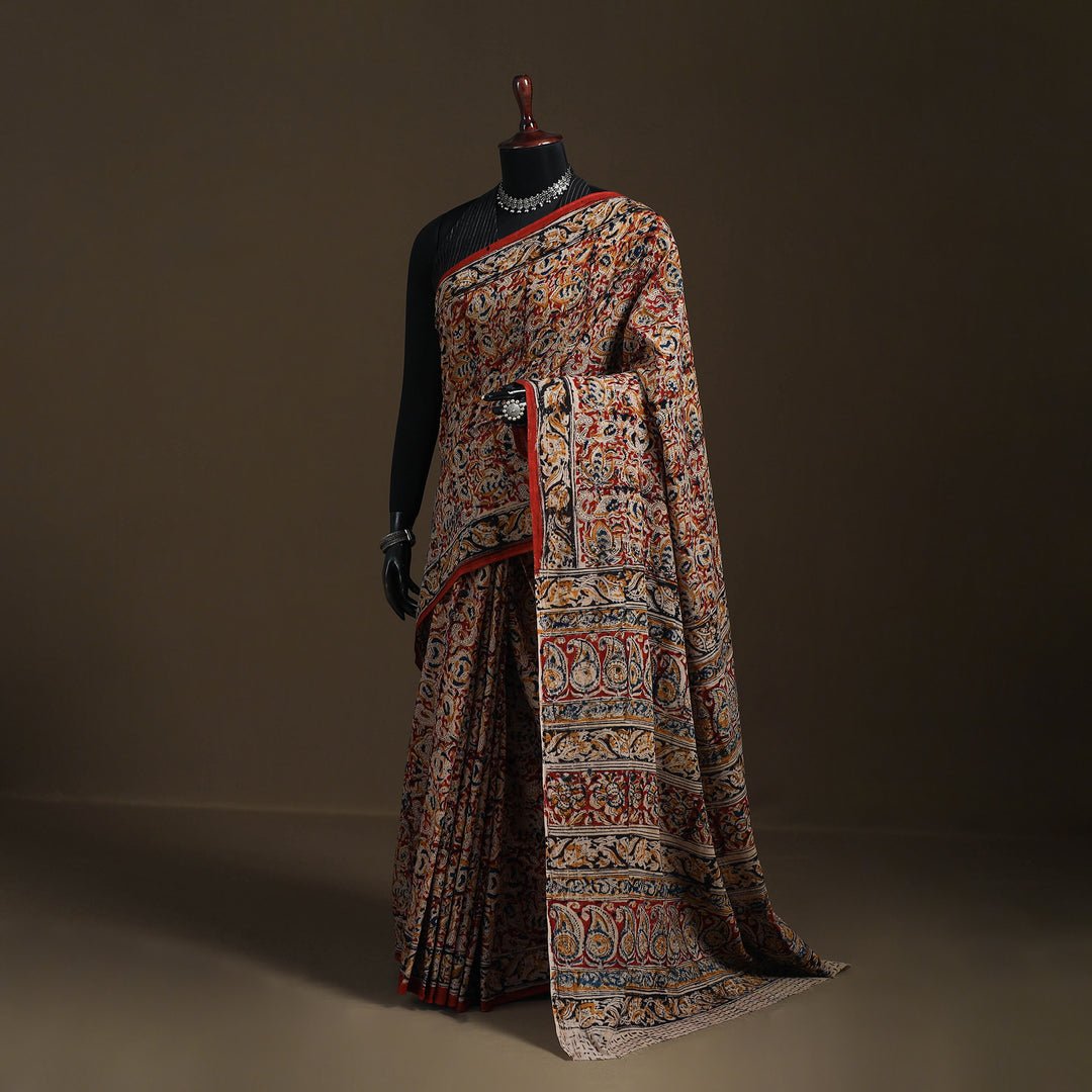 Red - Pedana Hand Block Print Natural Dyed Cotton Kalamkari Saree 16