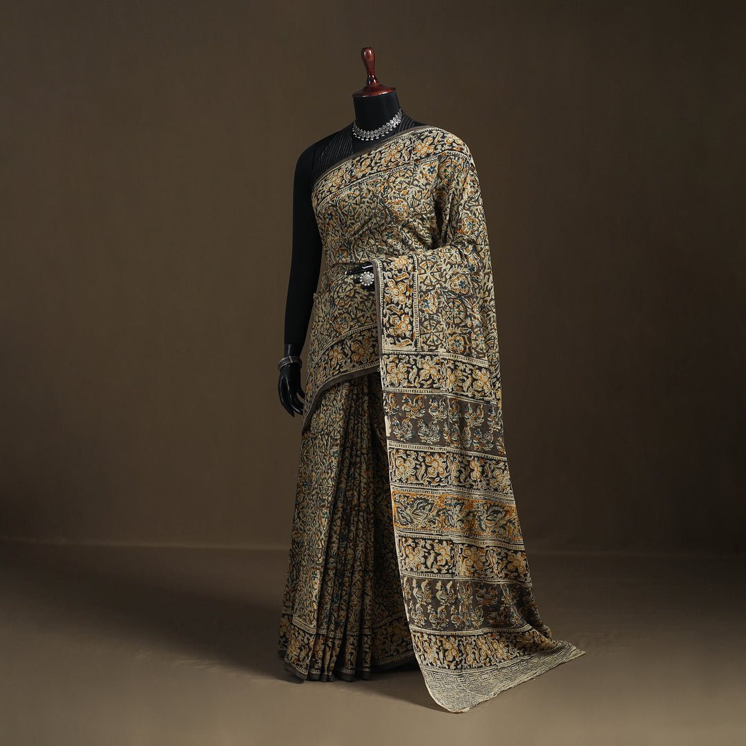 Green - Pedana Hand Block Print Natural Dyed Cotton Kalamkari Saree 23