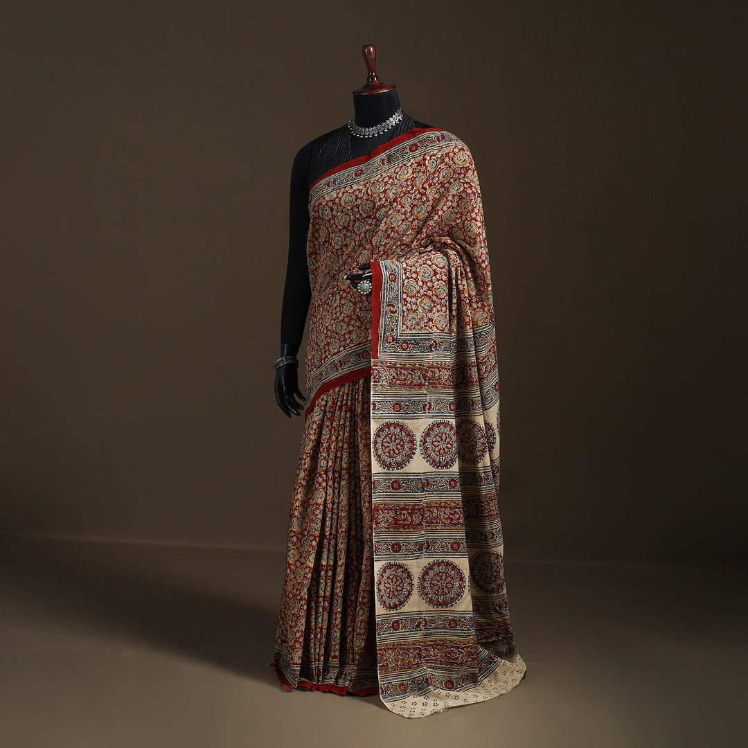 Red - Pedana Hand Block Print Natural Dyed Cotton Kalamkari Saree 30