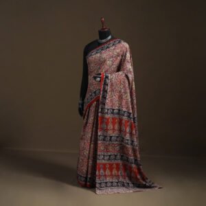 Red – Pedana Hand Block Print Natural Dyed Cotton Kalamkari Saree 38 by itokri, South Asian ethnic wear